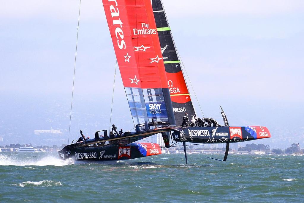 Oracle Team USA v Emirates Team New Zealand. America’s Cup Day 5 San Francisco. Emirates Team NZ  prepares to gybe before Race 8 © Richard Gladwell www.photosport.co.nz